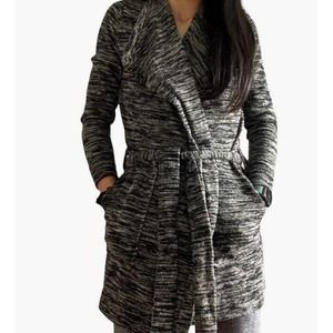 Loft Women's Size Small Petite Black Marled Collared Tie Waist Cardigan Sweater